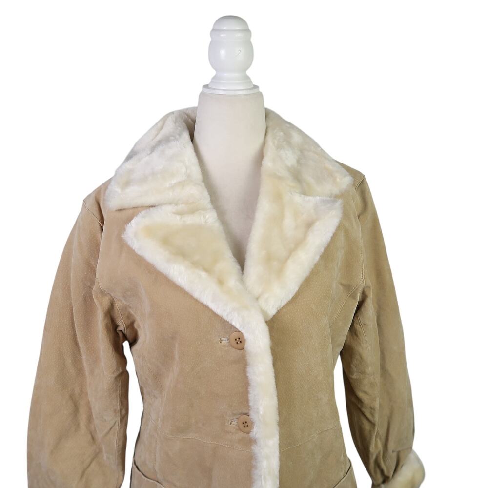 Vintage Y2K Beyond California Tan Suede Leather Cream Faux Fur Sherpa Jacket M - Picture 2 of 6